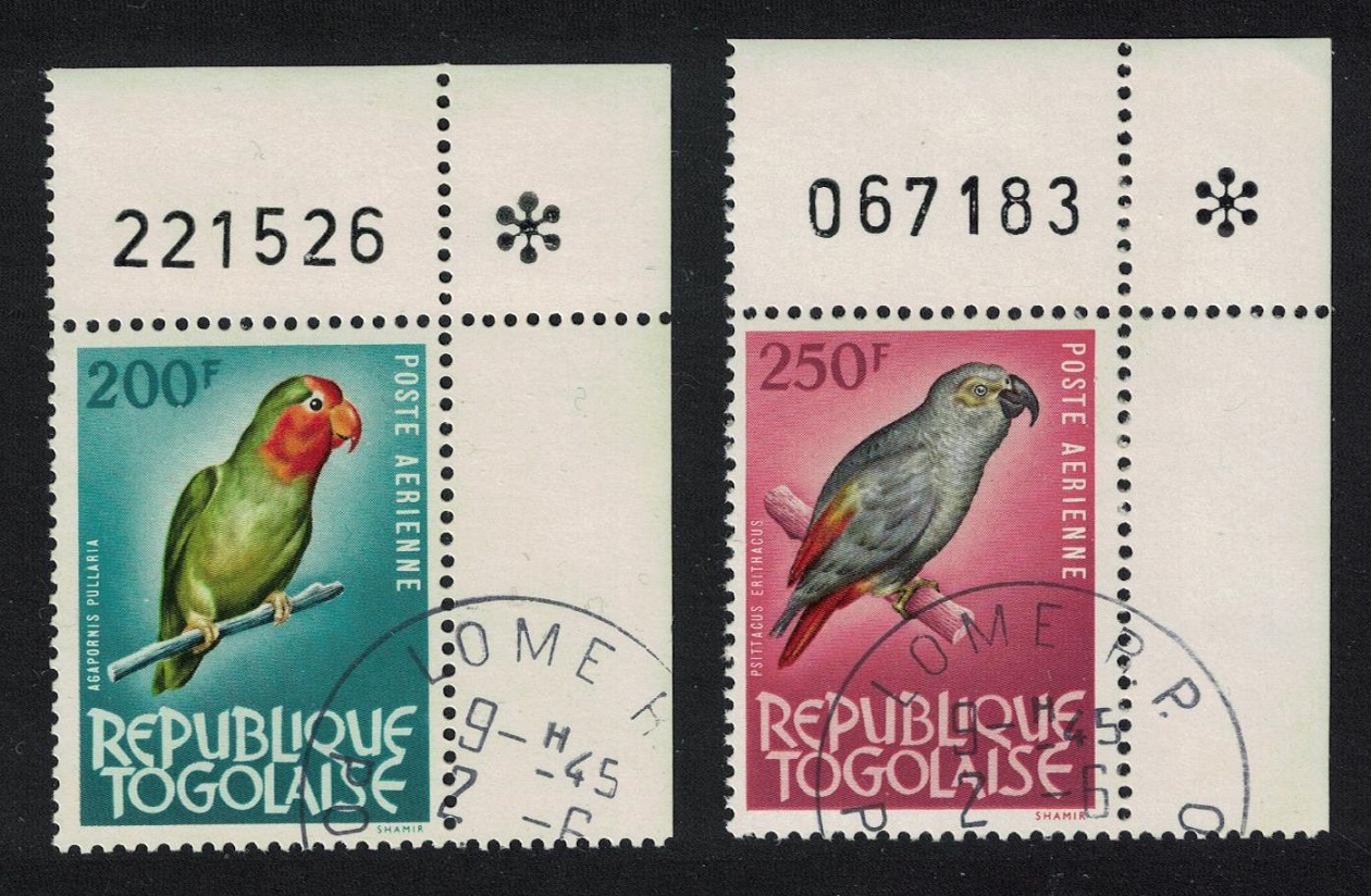 Togo Red-faced Lovebird Grey Parrot Birds 2v Corners Control Numbers 1964 CTO SG#363-364