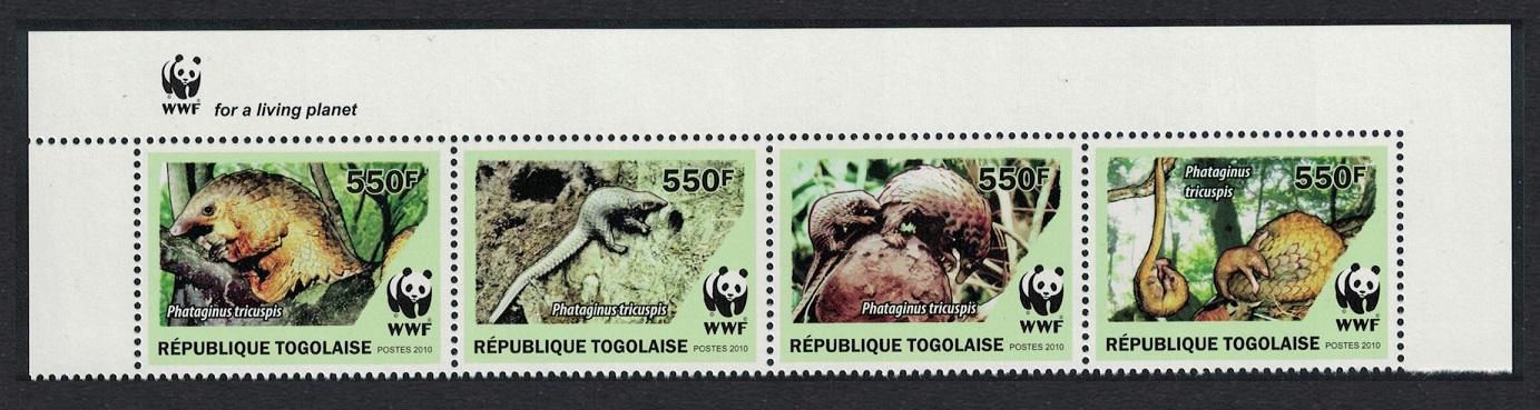 Togo WWF Three-cusped Pangolin Top strip of 4v WWF Logo 2010 MNH MI#3454-3457