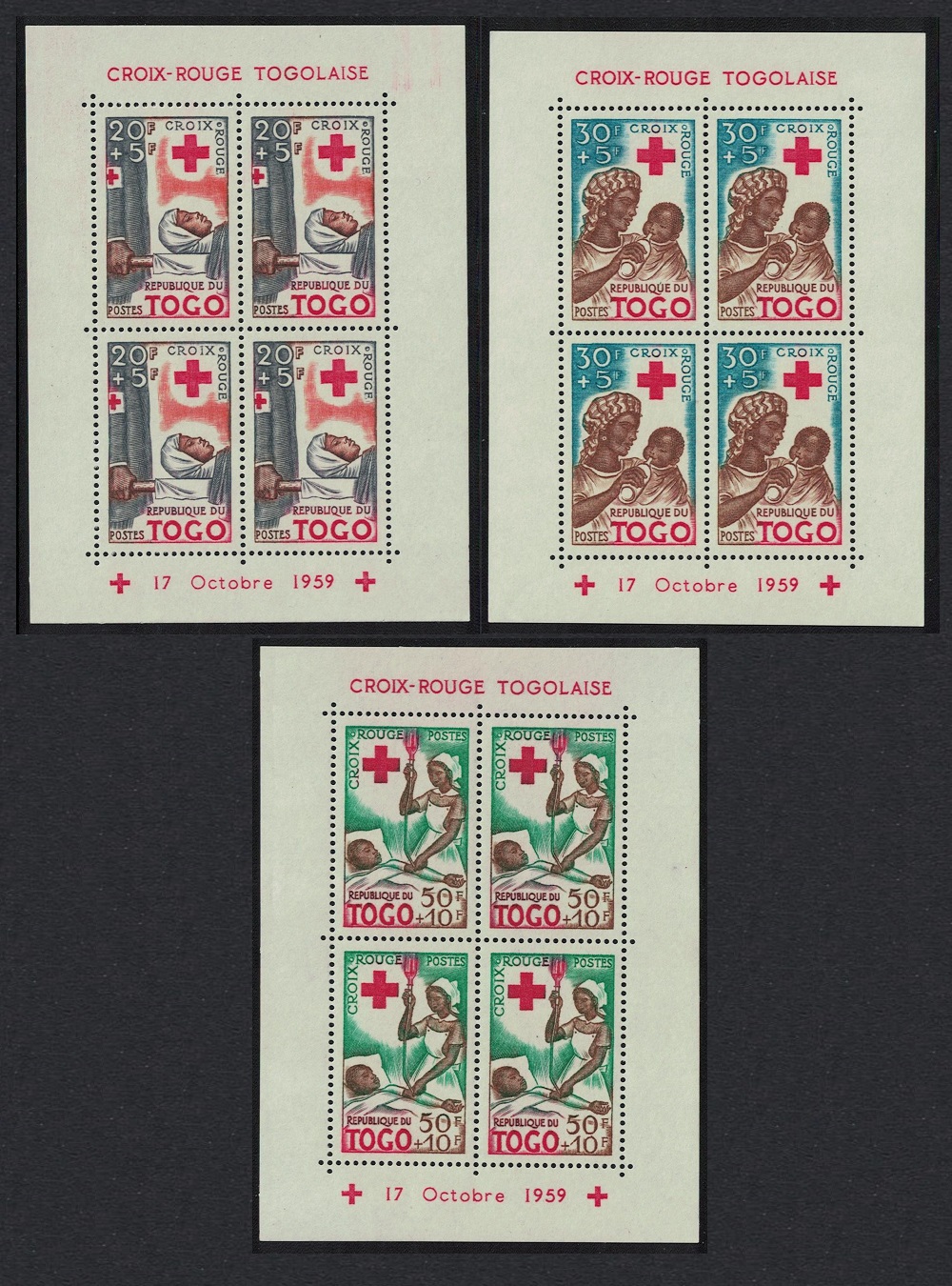 Togo Red Cross Commemoration 3 MSs 1959 MNH SG#MS238a MI#Block 2-4 Sc#B12a-B14a