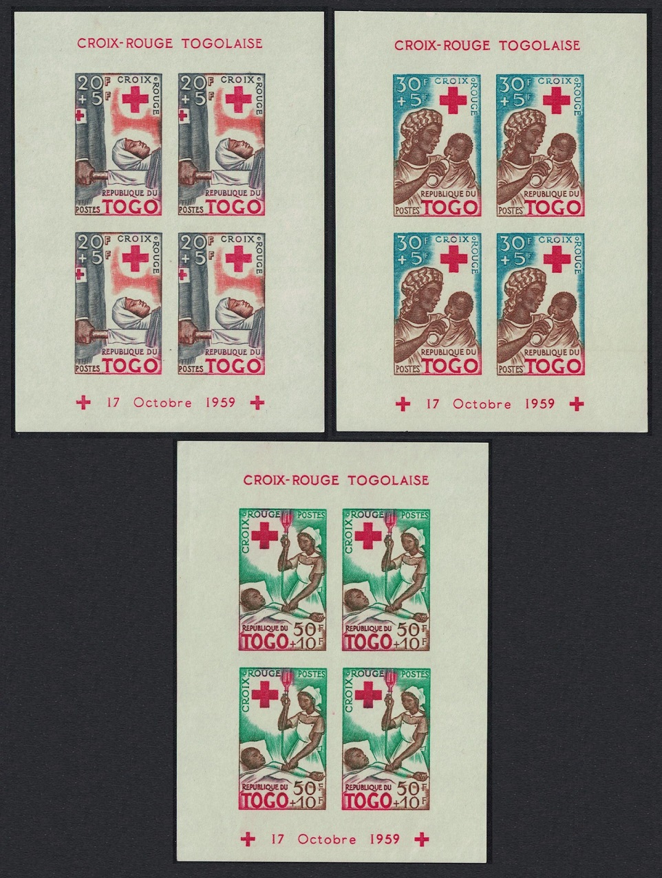 Togo Red Cross Commemoration 3 MSs Imperf 1959 MNH SG#MS238a MI#Block 2B-4B Sc#B12a-B14a