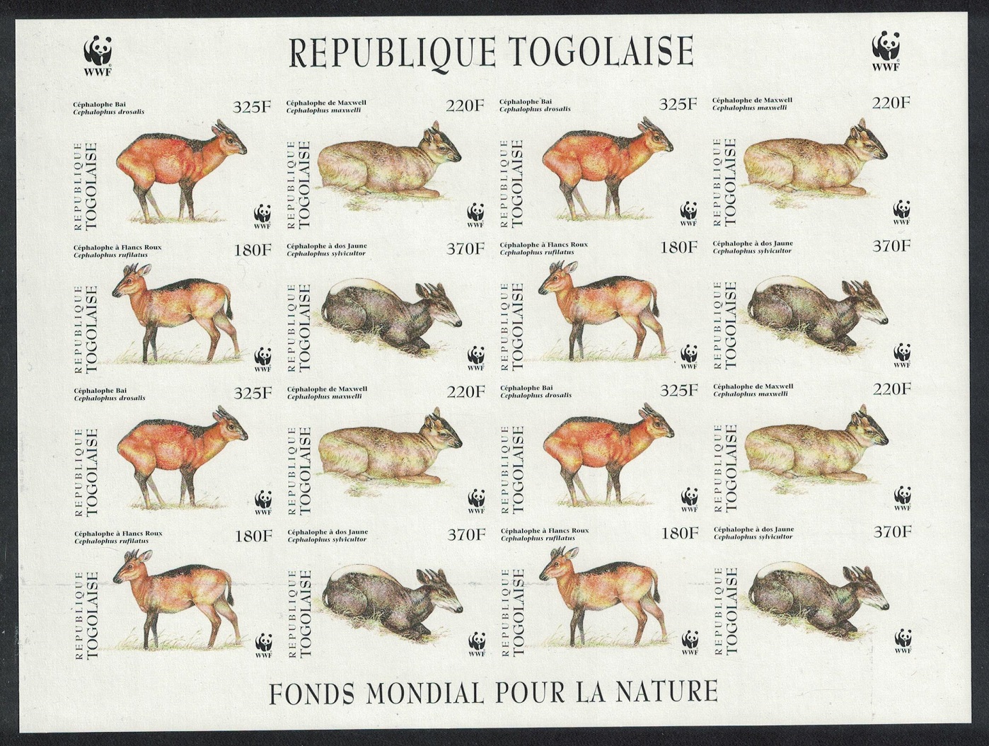 Togo WWF West African Duikers Imperf Sheetlet of 4 sets 1996 MNH MI#2456-2459 Sc#1720 a-d