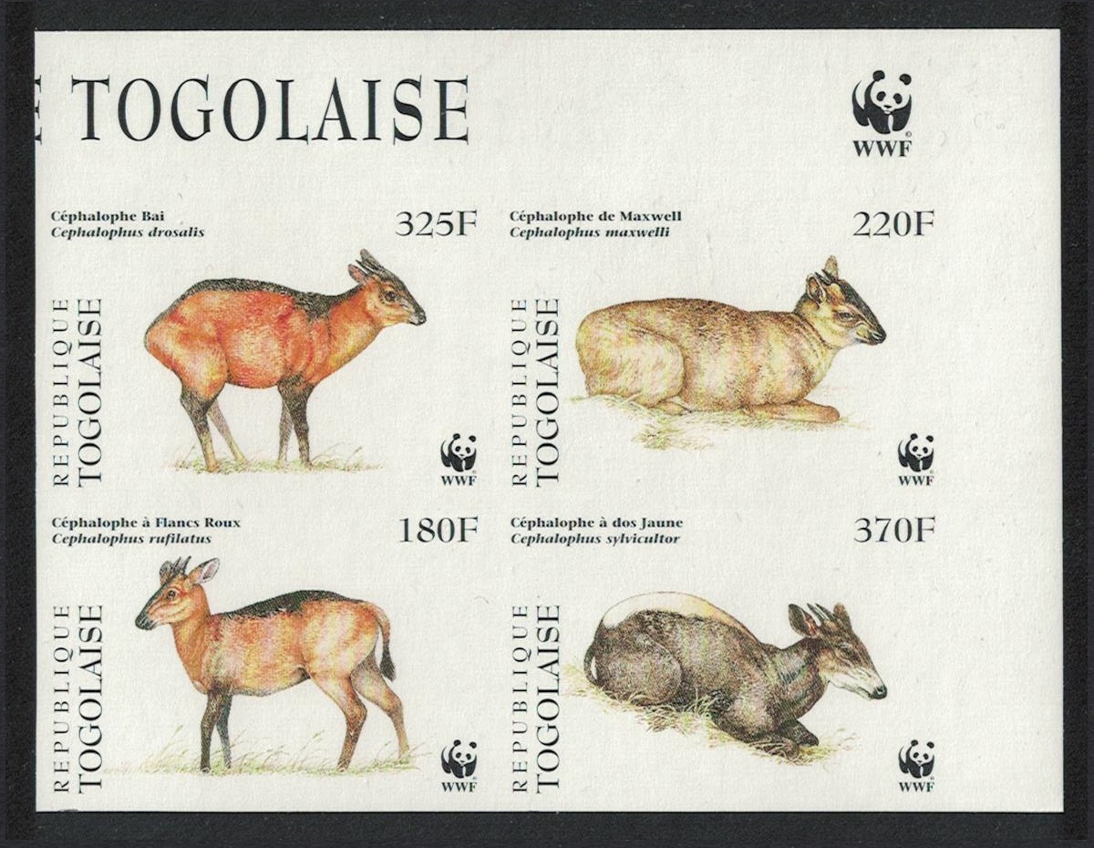 Togo WWF West African Duikers T2 Block of 4 IMPERF WWF Logo 1996 MNH MI#2456-2459 Sc#1720 a-d