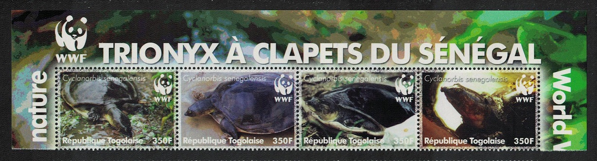 Togo WWF Senegal Flapshell Turtle Top Strip of 4v WWF Logo 2006 MNH MI#3337-3340 Sc#2039a-d