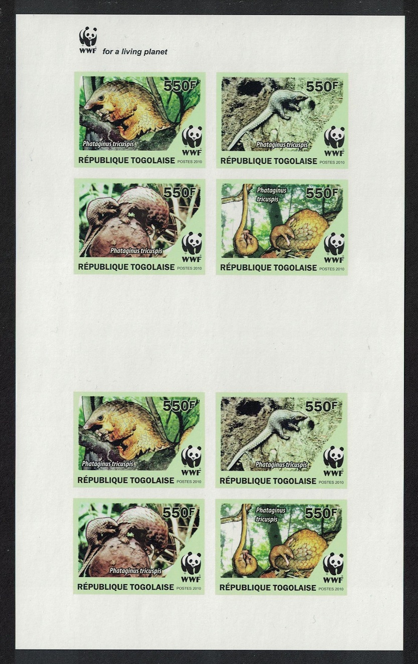 Togo WWF Three-cusped Pangolin Imperf Sheetlet of 2 sets 2010 MNH