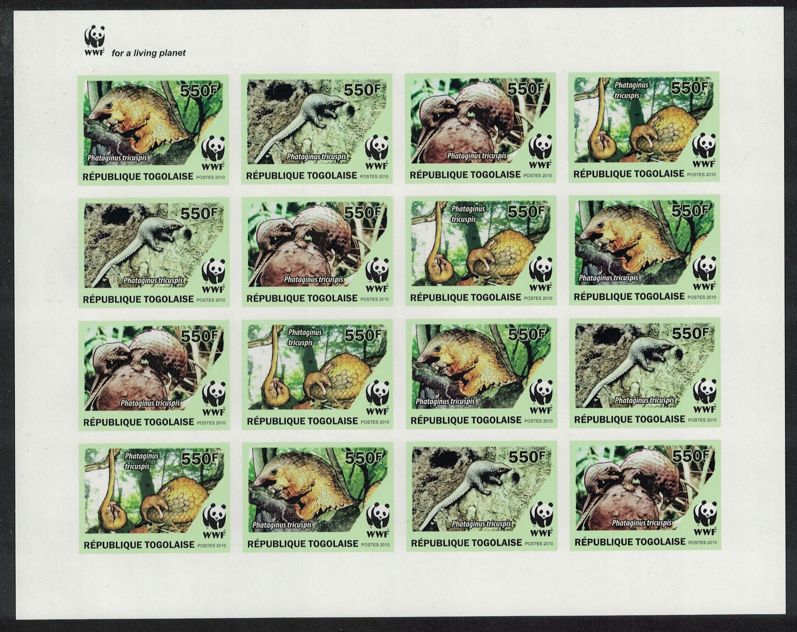 Togo WWF Three-cusped Pangolin Imperf Sheetlet of 4 sets 2010 MNH