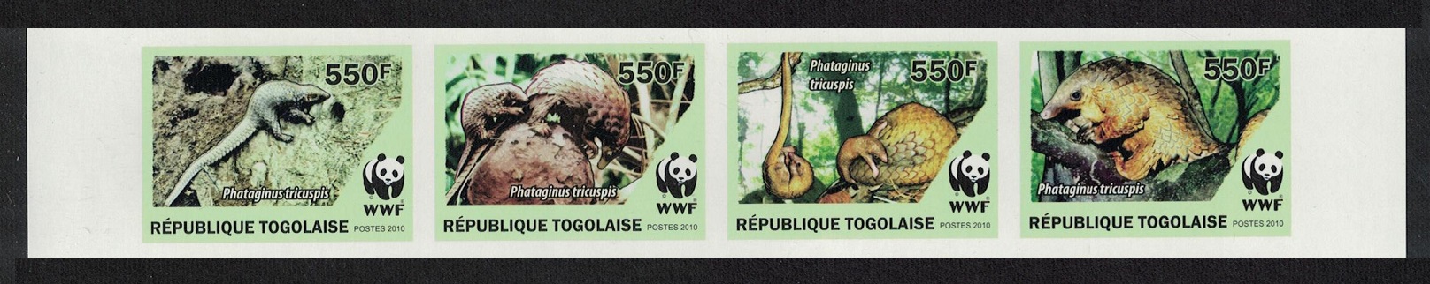 Togo WWF Three-cusped Pangolin Imperf Strip of 4v 2010 MNH