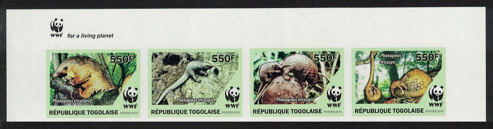 Togo WWF Three-cusped Pangolin Imperf Top Strip of 4v WWF Logo 2010 MNH