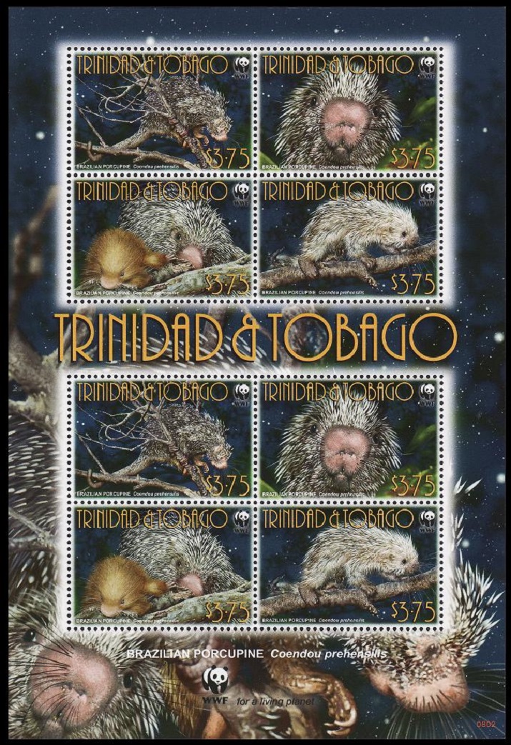 Trinidad and Tobago WWF Brazilian Porcupine Sheetlet of 2 sets 2008 MNH MI#955-958 Sc#840a-d