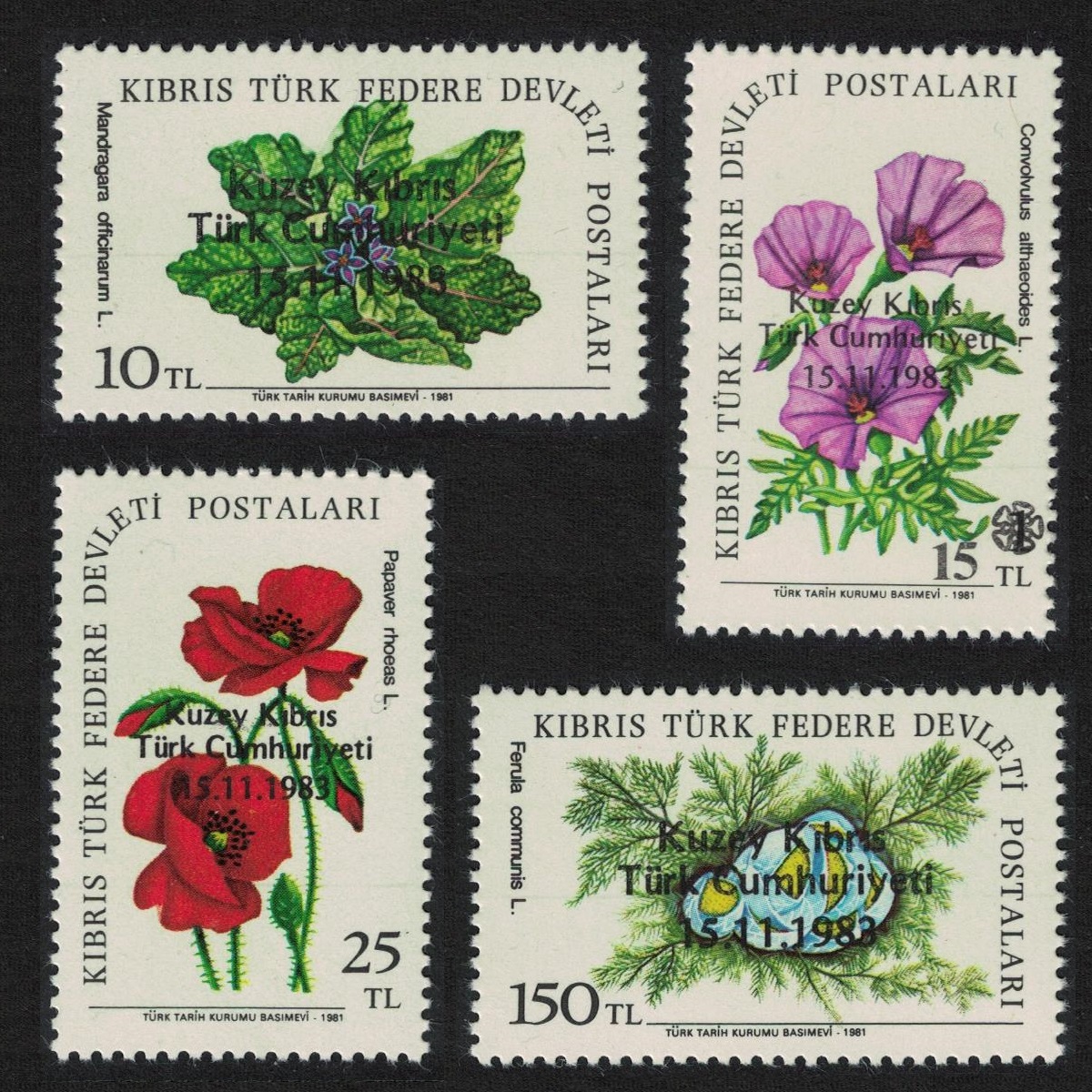 Turkish Cyprus Flowers Overprint 4v 1983 MNH SG#144-147 Sc#138-141