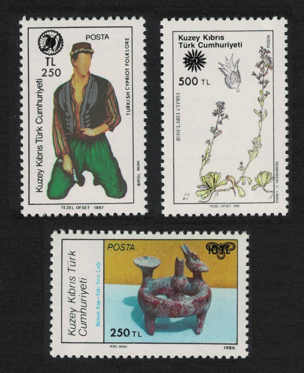 Turkish Cyprus Archaeology Flowers Dancer surcharged 3v 1991 MNH SG#301-303