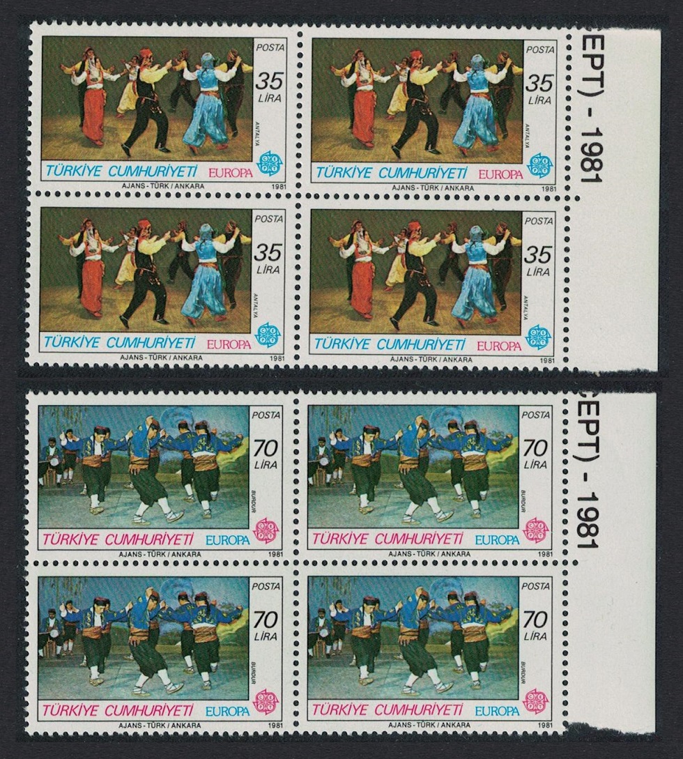 Turkey Folk Dances and Europa CEPT 2v Blocks of 4 1981 MNH SG#2730-2731 MI#2546-2547