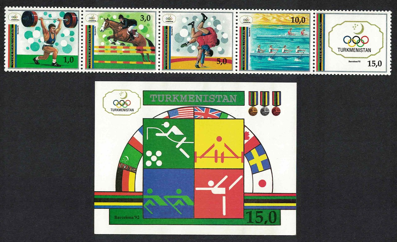 Turkmenistan Olympic Games Barcelona strip of 4v+MS 1992 MNH SG#16-MS21 Sc#22-23