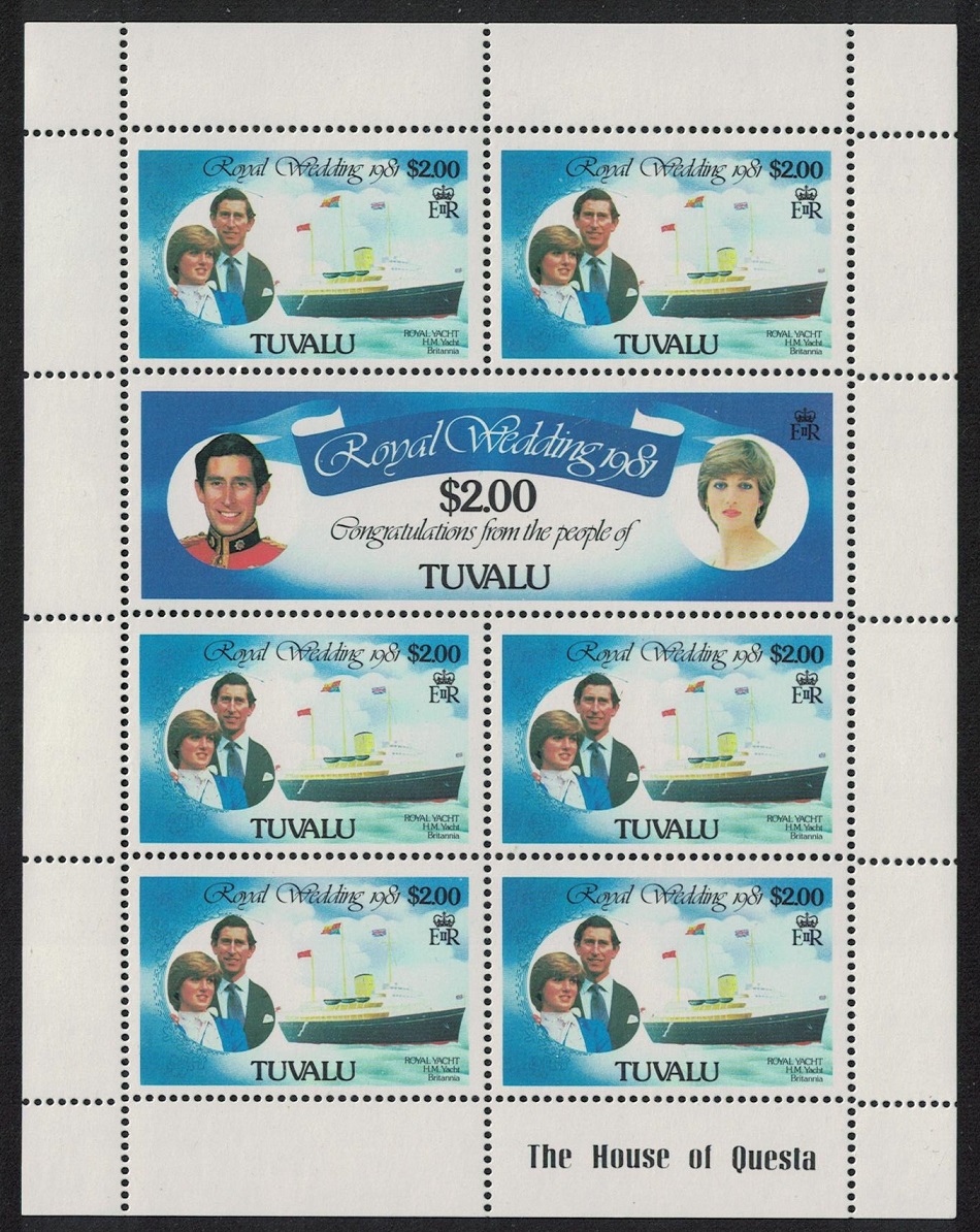 Tuvalu Royal Yachts Charles and Diana Royal Wedding $200 Sheetlet 1981 MNH SG#172a