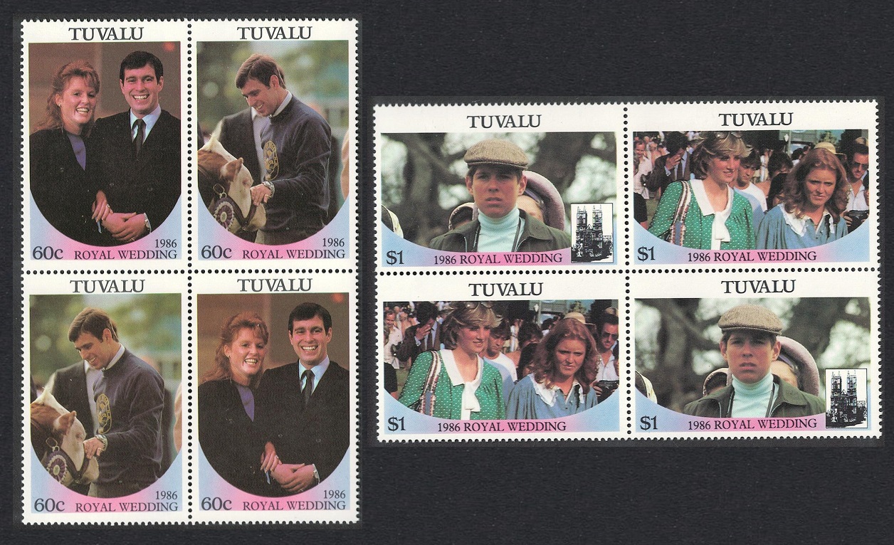 Tuvalu Royal Wedding Prince Andrew 4v Blocks of 4 1986 MNH SG#397-400