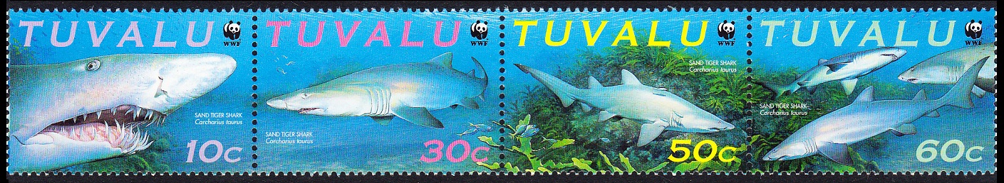 Tuvalu WWF Sand Tiger Shark Strip of 4v 2000 MNH SG#872-875 MI#862-865 Sc#816 a-d