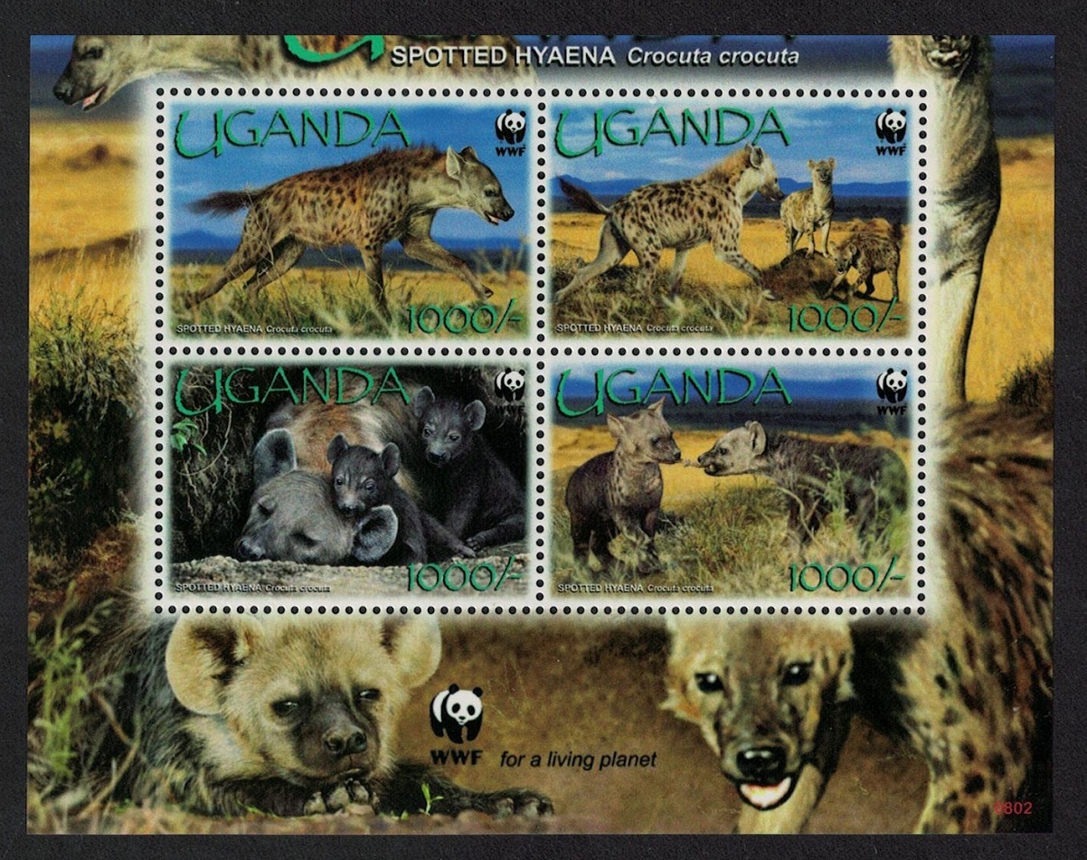 Uganda WWF Spotted Hyaena 4v Block of 4 WWF Logo 2008 MNH SG#2551-2554 MI#2663-2666 Sc#1892a-d