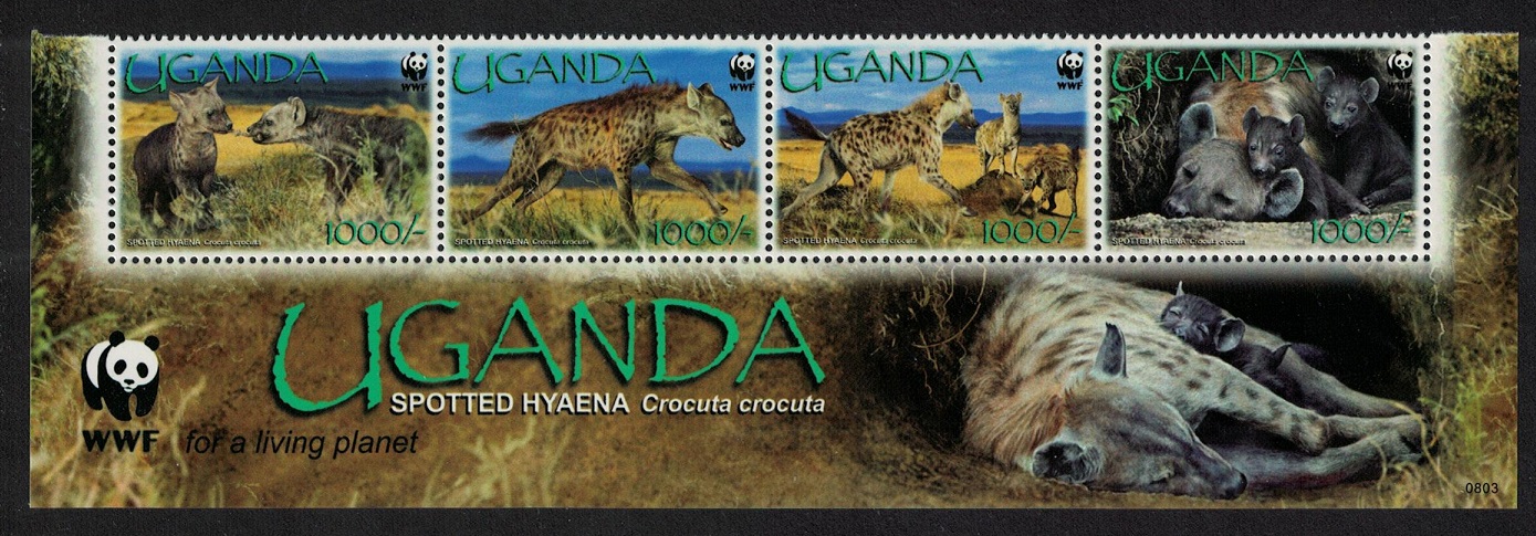 Uganda WWF Spotted Hyaena Bottom Strip of 4v WWF Logo 2008 MNH SG#2551-2554 MI#2663-2666 Sc#1892a-d