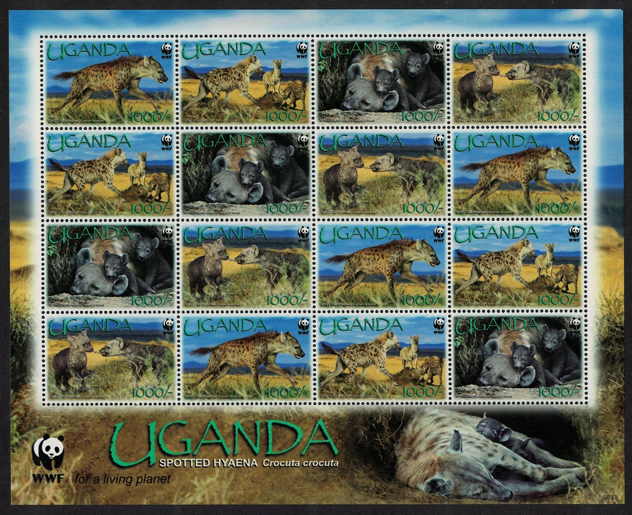 Uganda WWF Spotted Hyaena Sheetlet of 4 sets 2008 MNH SG#2551-2554 MI#2663-2666 Sc#1892a-d