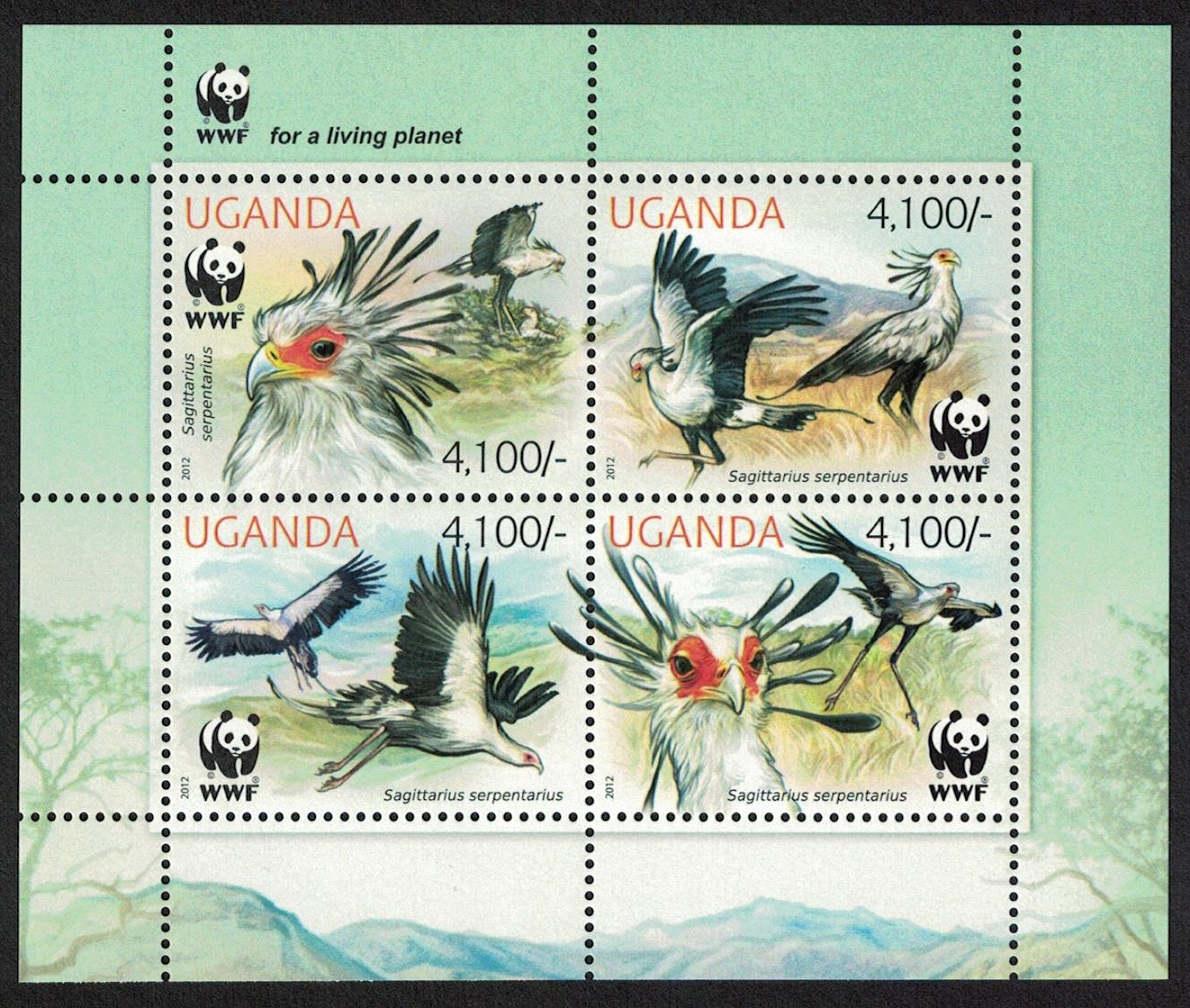 Uganda WWF Secretarybird block of 4v WWF Logo 2012 MNH