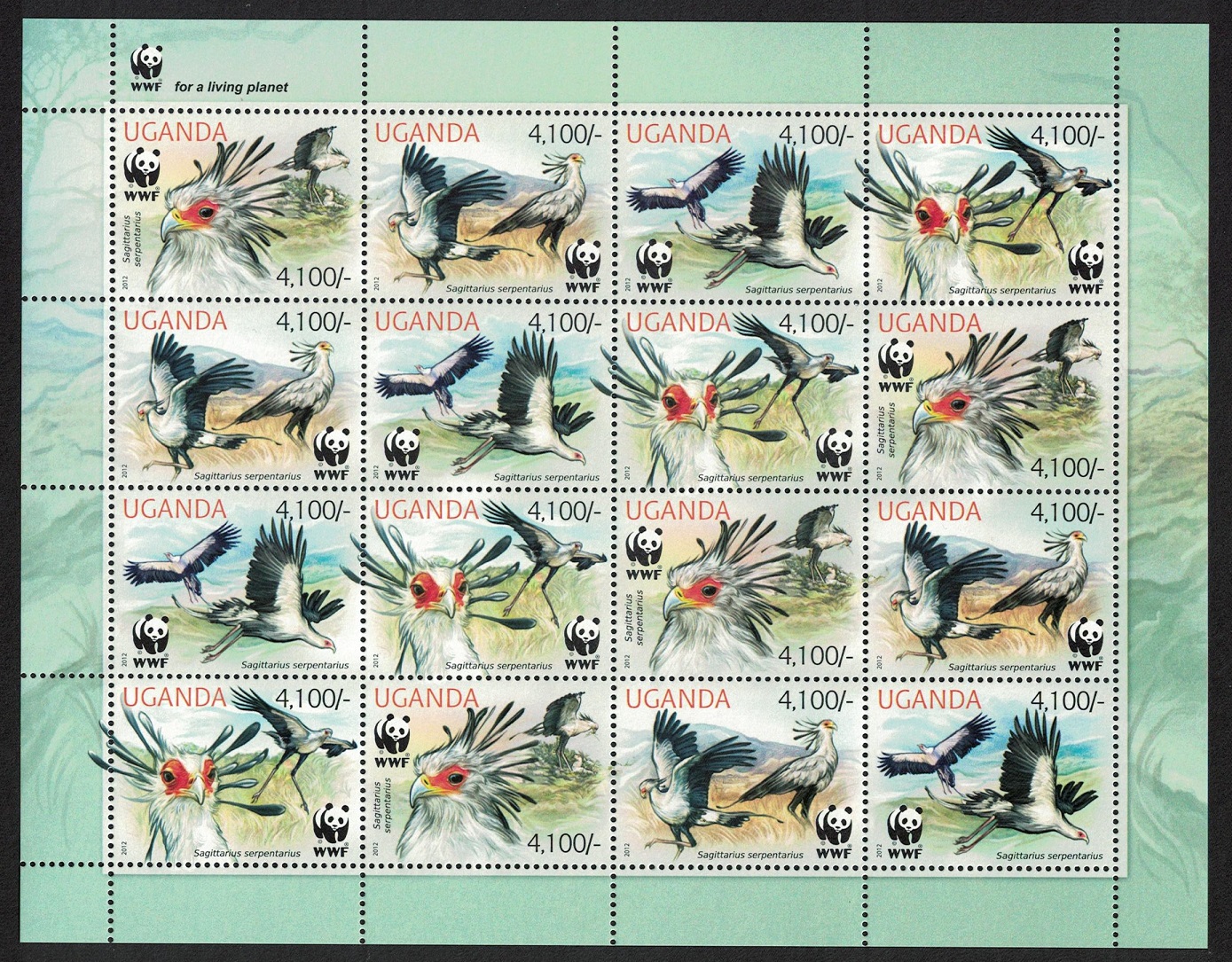 Uganda WWF Secretarybird Sheetlet of 4 sets 2012 MNH