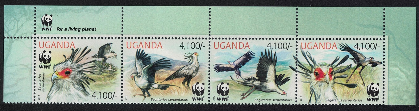 Uganda WWF Secretarybird Top strip of 4v WWF Logo 2012 MNH