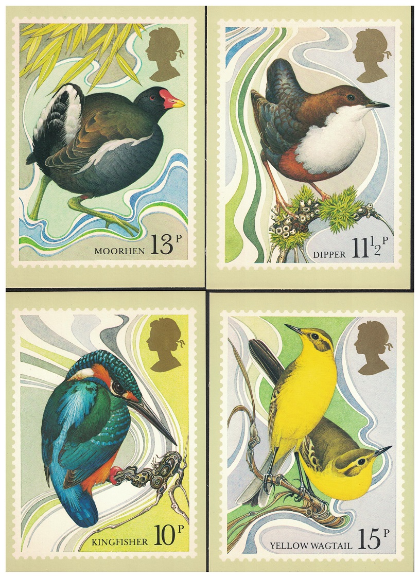 Great Britain Kingfisher Dipper Moorhen Wagtail Wild Birds PHQ Cards 1980 SG#1109-1112 MI#817-820 Sc#884-887