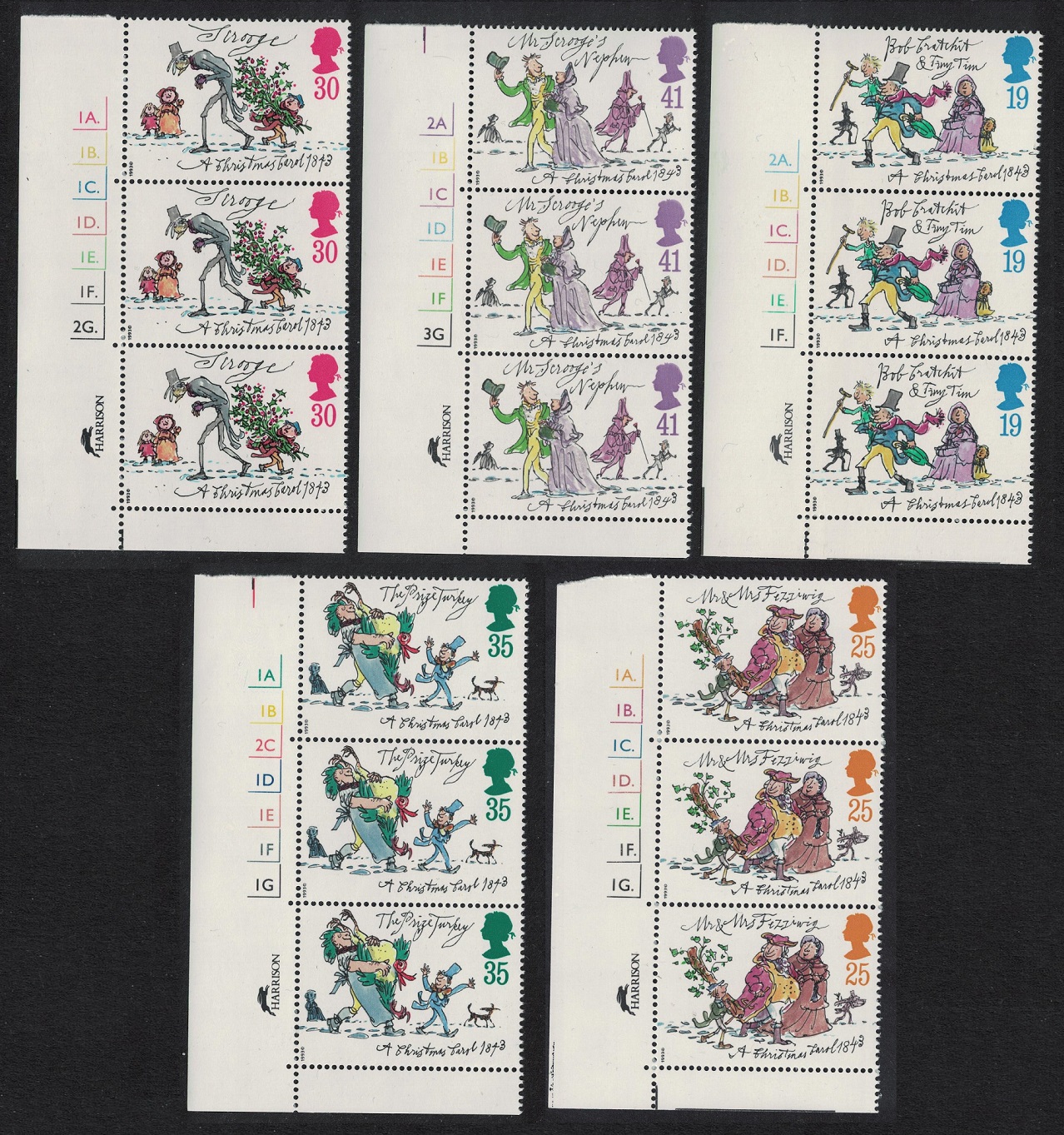 Great Britain &#39;Christmas Carol&#39; by Charles Dickens 5v Cylinder Strips 1993 MNH SG#1790-1794 Sc#1528-1532