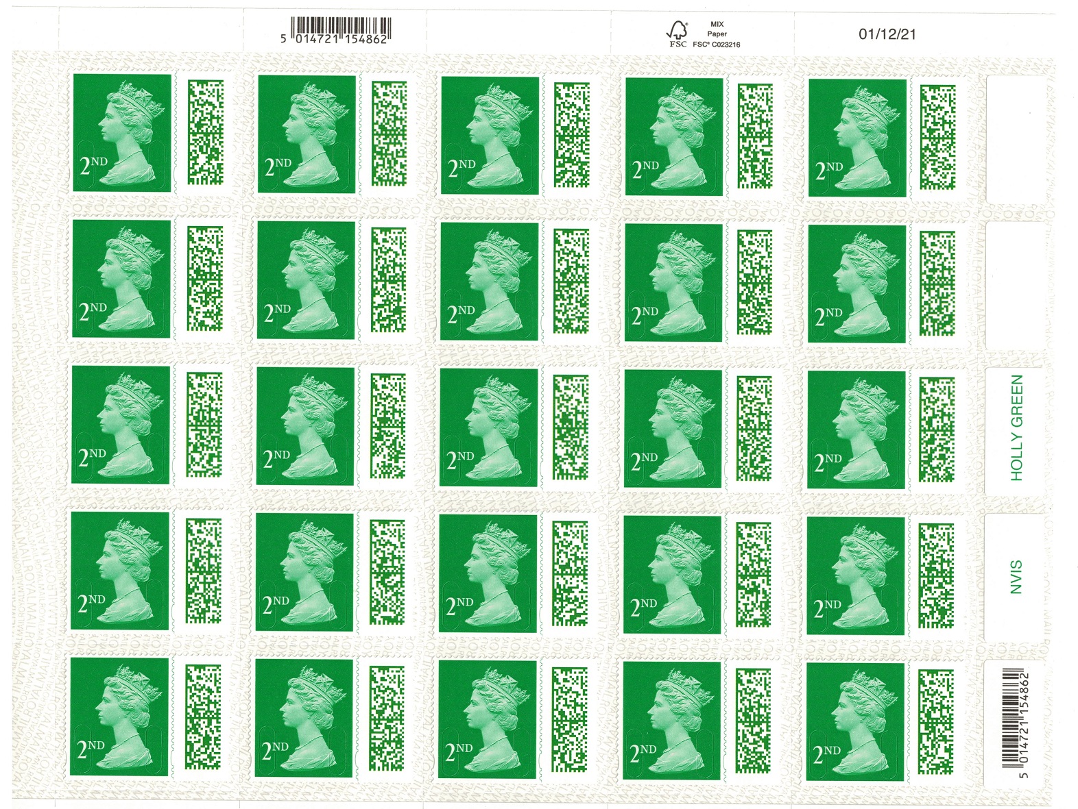 Great Britain 2nd Class Bar-coded Sheet of 25 Sold at FACE VALUE 2022 MNH