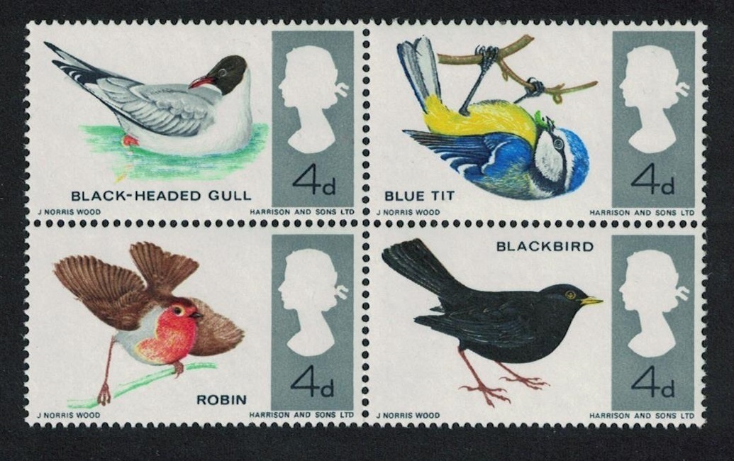 Great Britain Gull Robin Bluetit Blackbird British Birds Block of 4 1966 MNH SG#696-699