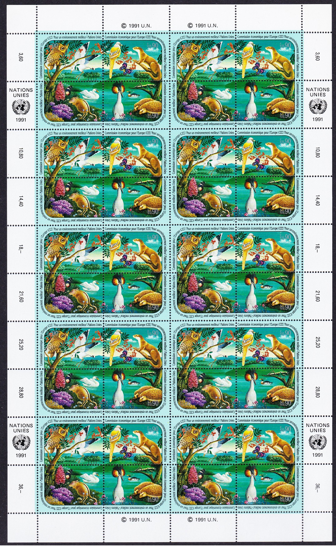 United Nations - Geneva Birds Butterflies Animals Full sheet 1991 MNH SG#G195-G198 MI#194-197 Sc#198a