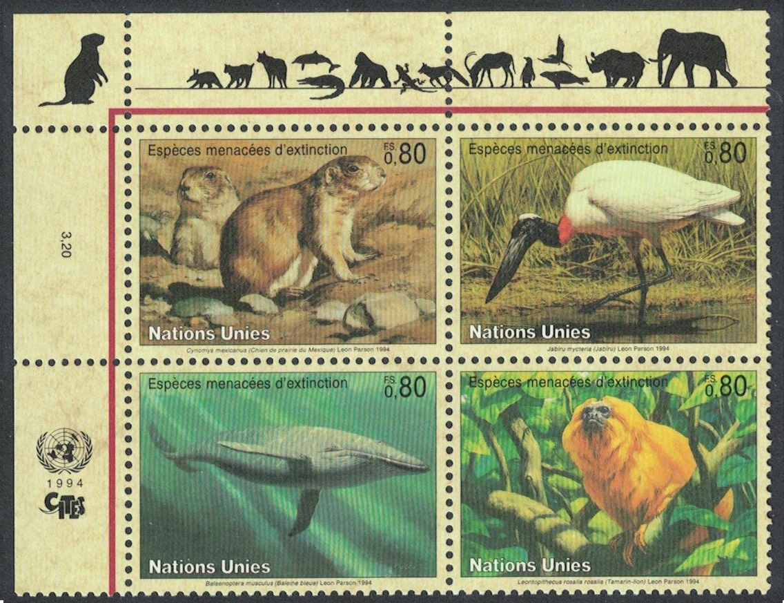 United Nations - Geneva Prairie Dog Whale Golden Langur Jabiru Bird Block of 4v 1994 MNH SG#G246-G249 MI#245-248 Sc#249a