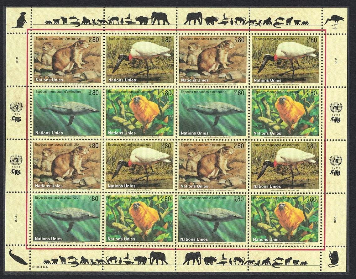 United Nations - Geneva Prairie Dog Whale Golden Langur Jabiru Bird Sheetlet of 4 sets 1994 MNH SG#G246-G249 MI#245-248 Sc#249a