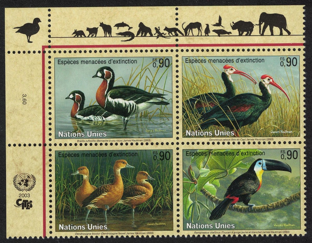 United Nations - Geneva Goose Ibis Duck Toucan Endangered Birds Block of 4 2003 MNH SG#G460-G463