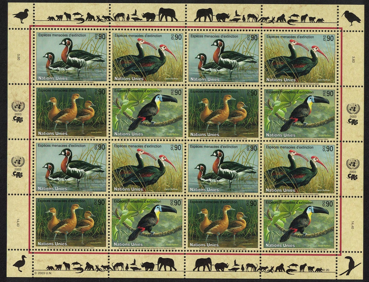 United Nations - Geneva Goose Ibis Duck Toucan Endangered Birds Sheetlet of 16v 2003 MNH SG#G460-G463