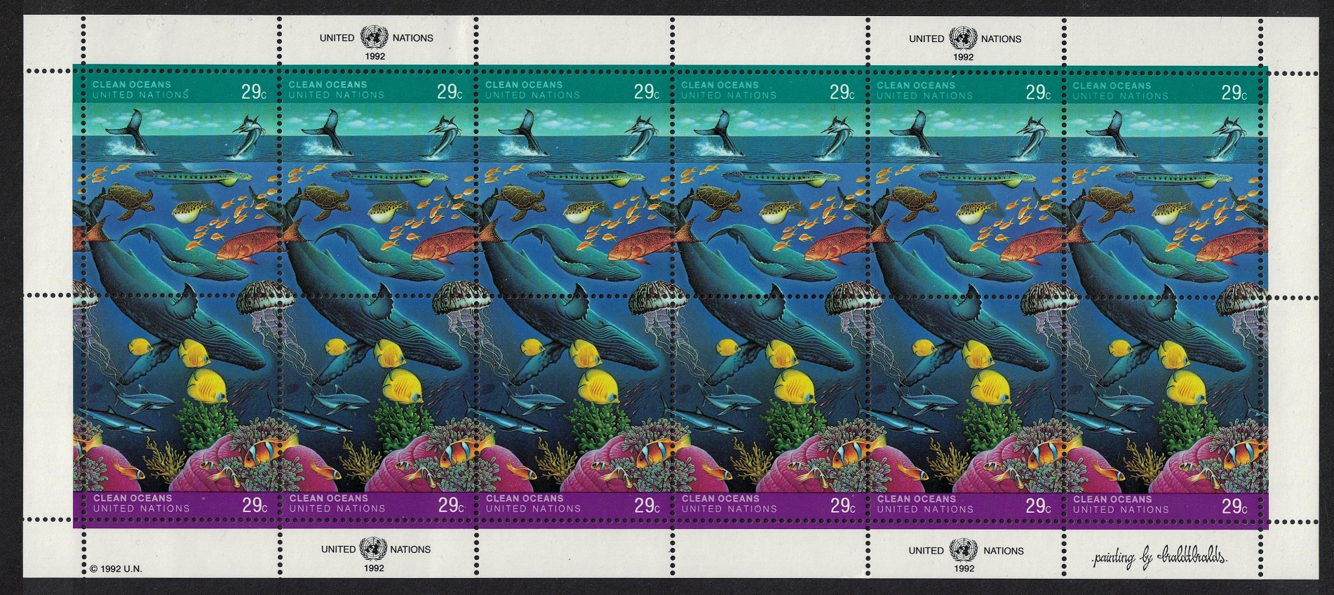 United Nations - New York Whales Fish Marine Life Clean Oceans Sheetlet of 6 pairs 1992 MNH SG#613-614