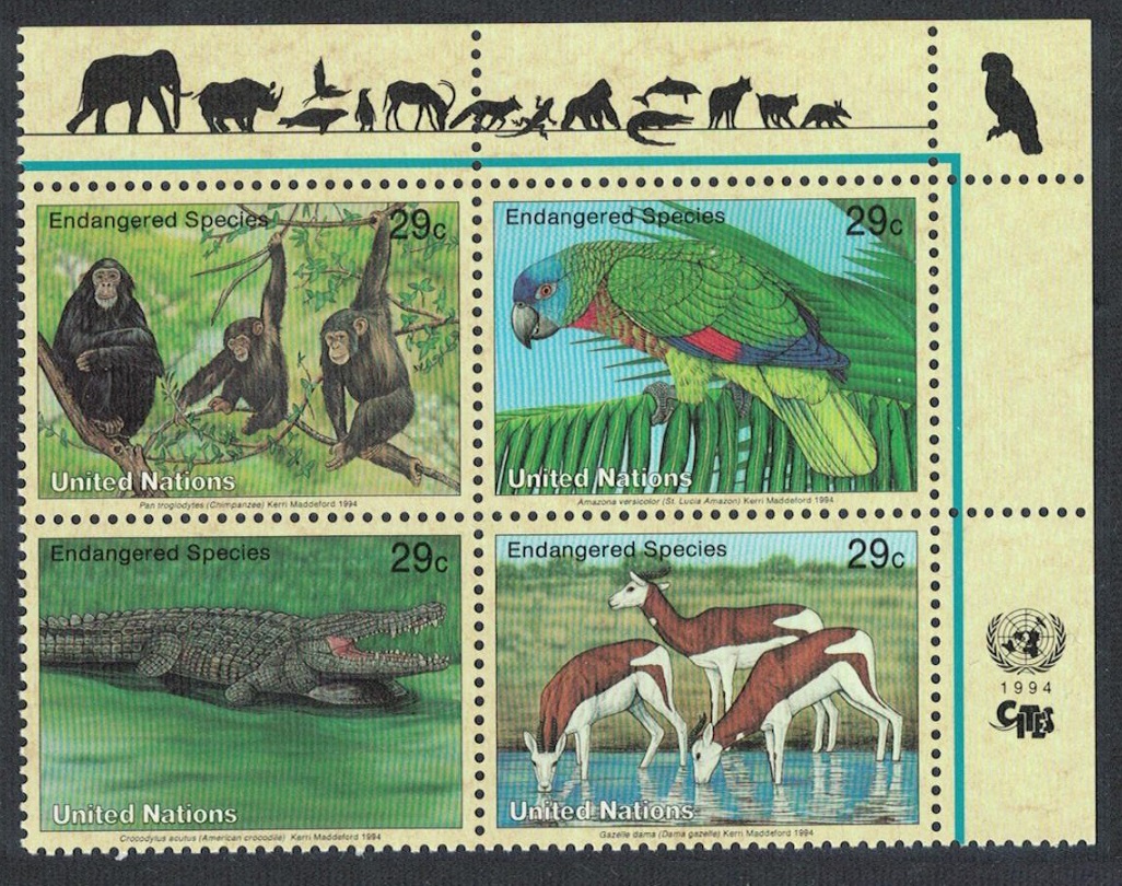 United Nations - New York Amazon Birds Chimpanzee Crocodile Gazelles Block of 4 1994 MNH SG#649-652 Sc#639-642