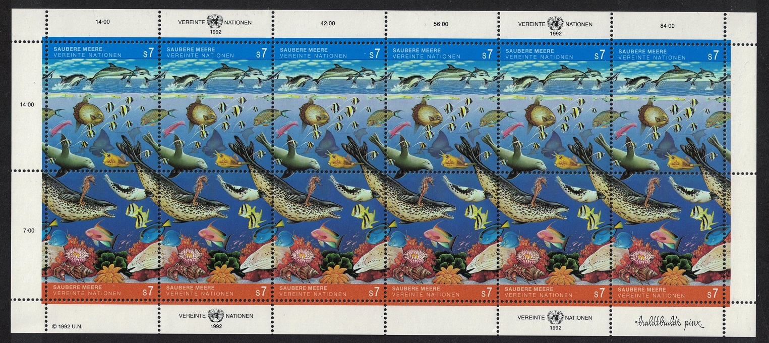 United Nations - Vienna Whales Fish Marine Life Clean Ocean Sheetlet of 6 pairs 1992 MNH SG#V126-V127