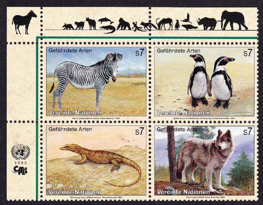 United Nations - Vienna Birds Zebra Penguins Lizard Wolf 4v Block of 4v 1993 MNH SG#V142-V145 MI#143-146 Sc#146a