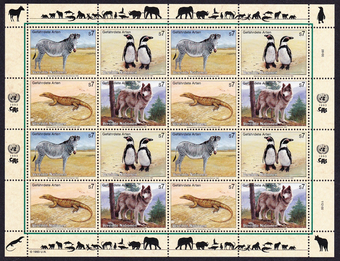 United Nations - Vienna Birds Zebra Penguins Lizard Wolf Sheetlet of 4 sets 1993 MNH SG#V142-V145 MI#143-146 Sc#146a