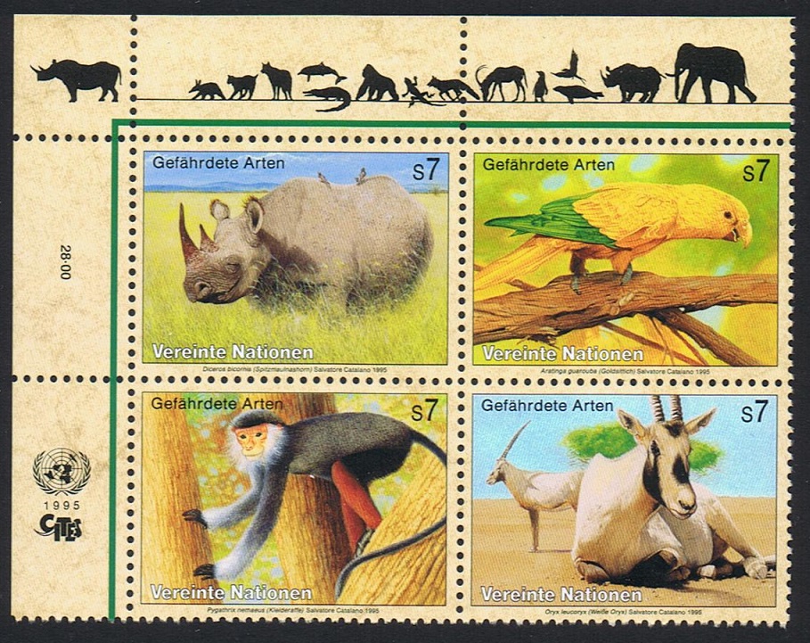 United Nations - Vienna Birds Rhinoceros Parrot Monkey Oryx 4v Block of 4v 1995 MNH SG#V179-V182 Sc#183a