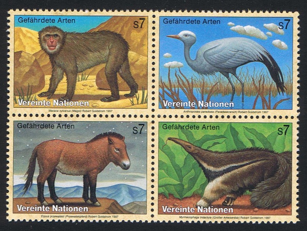 United Nations - Vienna Birds Ape Stork Horse Anteater 4v Block of 4 1997 MNH SG#V223-V226 MI#222-225 Sc#217a