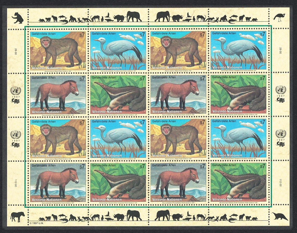 United Nations - Vienna Birds Ape Stork Horse Anteater 4v Sheetlet of 4 sets 1997 MNH SG#V223-V226 MI#222-225 Sc#217a