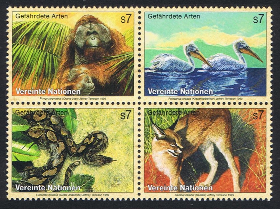 United Nations - Vienna Birds Orang-utan Pelican Snake Block of 4 1999 MNH SG#V288-V291 MI#287-290 Sc#256a