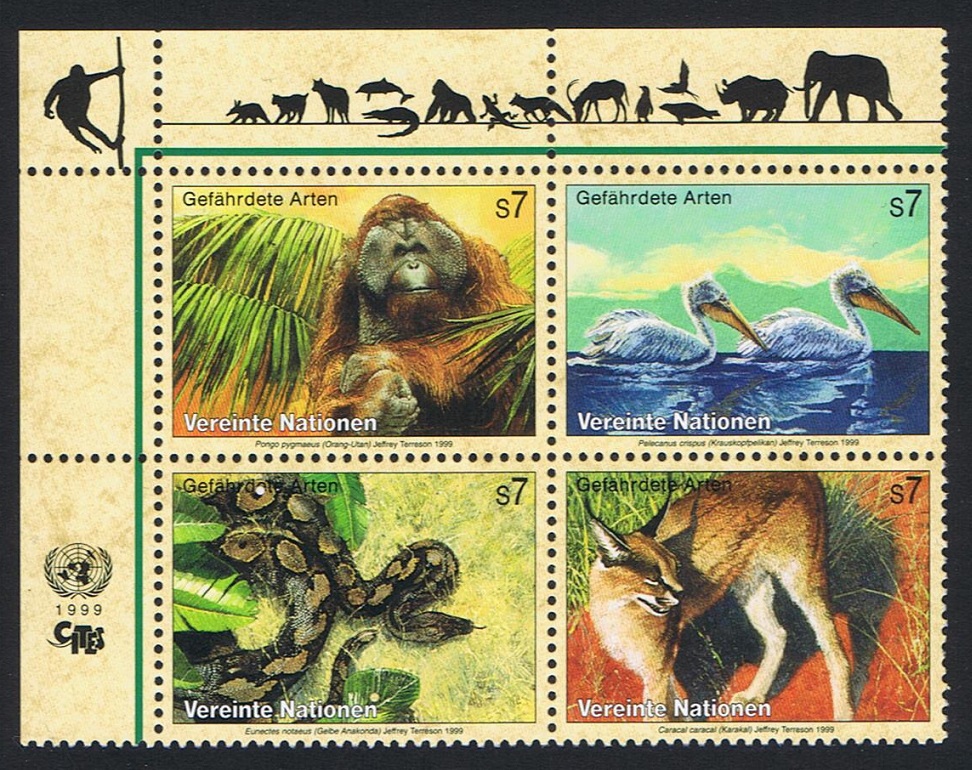 United Nations - Vienna Birds Orang-utan Pelican Snake Block of 4v 1999 MNH SG#V288-V291 MI#287-290 Sc#256a