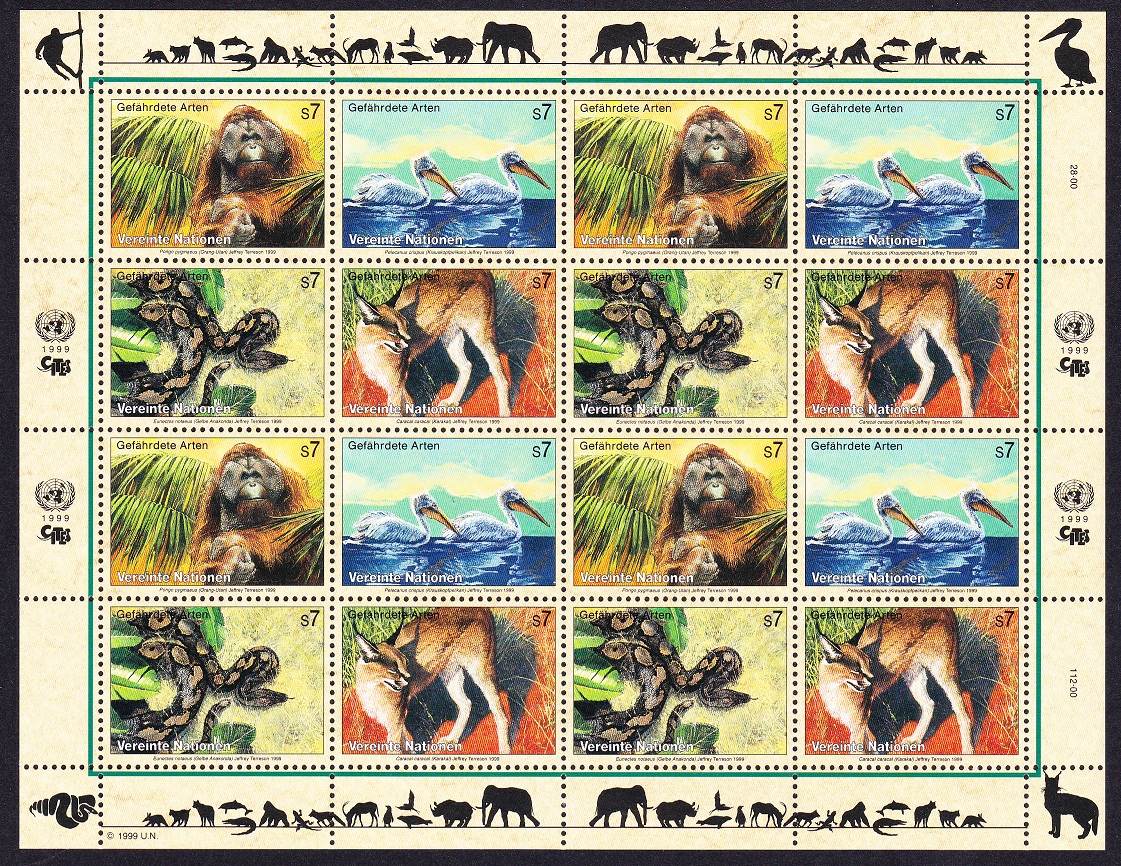 United Nations - Vienna Birds Orang-utan Pelican Snake Sheetlet of 4 sets 1999 MNH SG#V288-V291 MI#287-290 Sc#256a