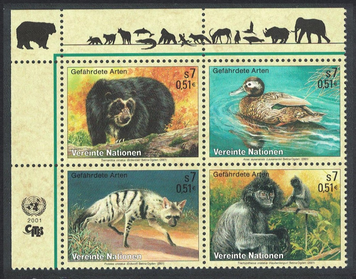 United Nations - Vienna Birds Bear Duck Aardwolf Langur Block of 4v 2001 MNH SG#V324-V327 MI#327-330 Sc#287a