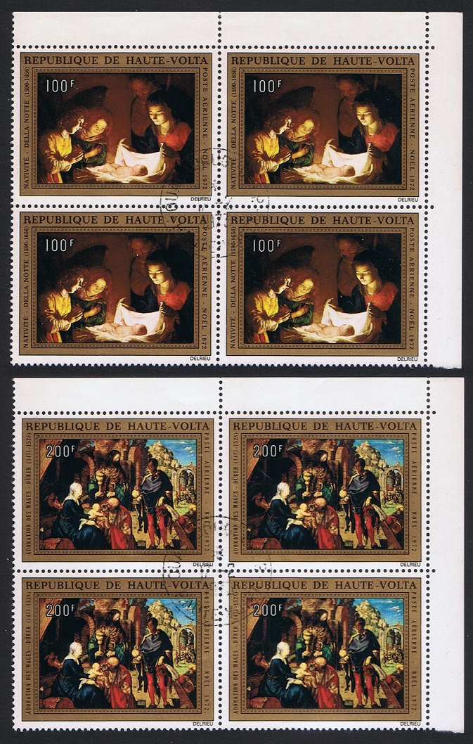 Upper Volta Christmas Religious Paintings 2v Corner Blocks of 4 1972 CTO SG#397-398 Sc#C127-C128