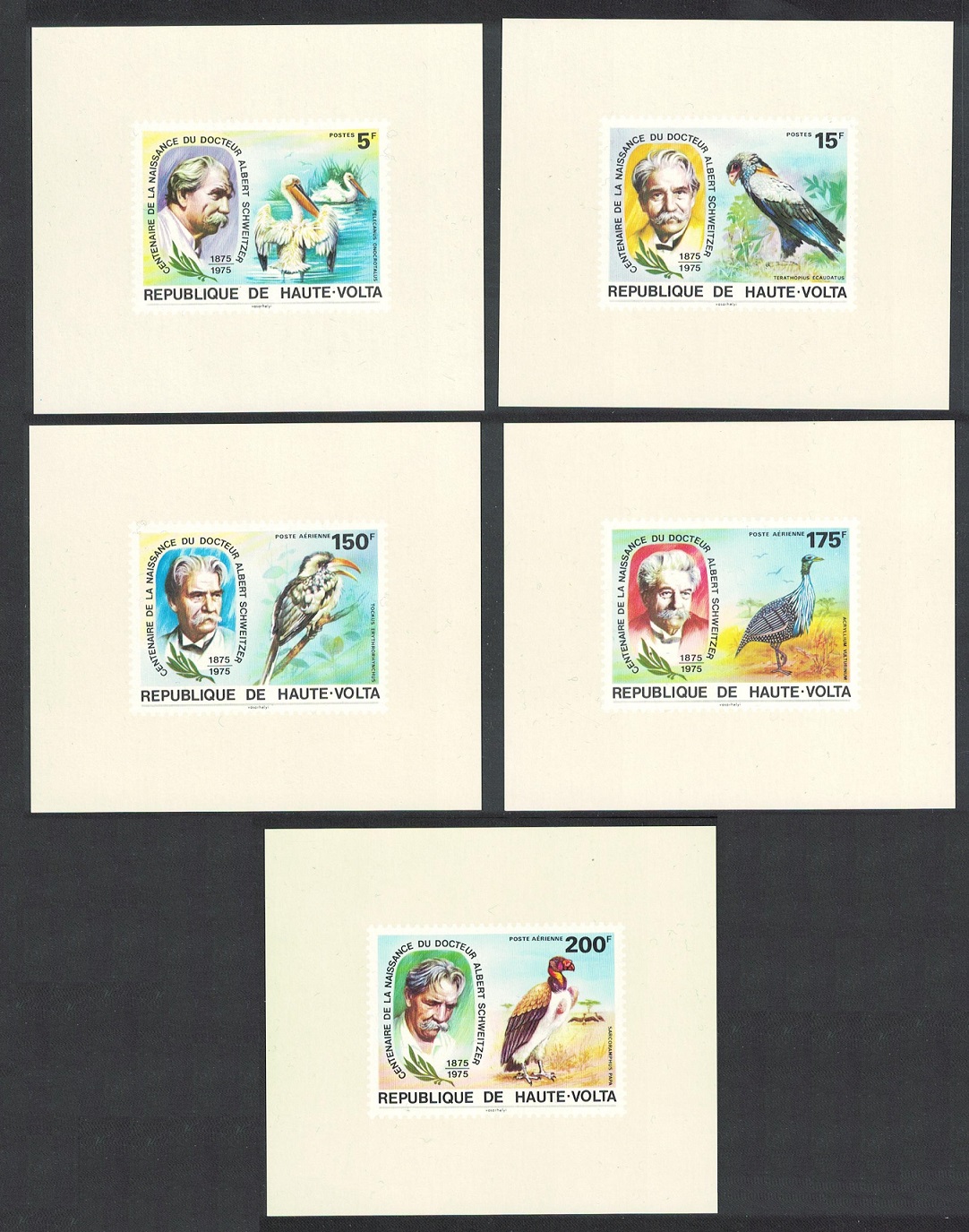 Upper Volta Stork Kingfisher Birds Dr Albert Schweitzer 5 De-Luxes 1975 MNH MI#575-579 Sc#C215