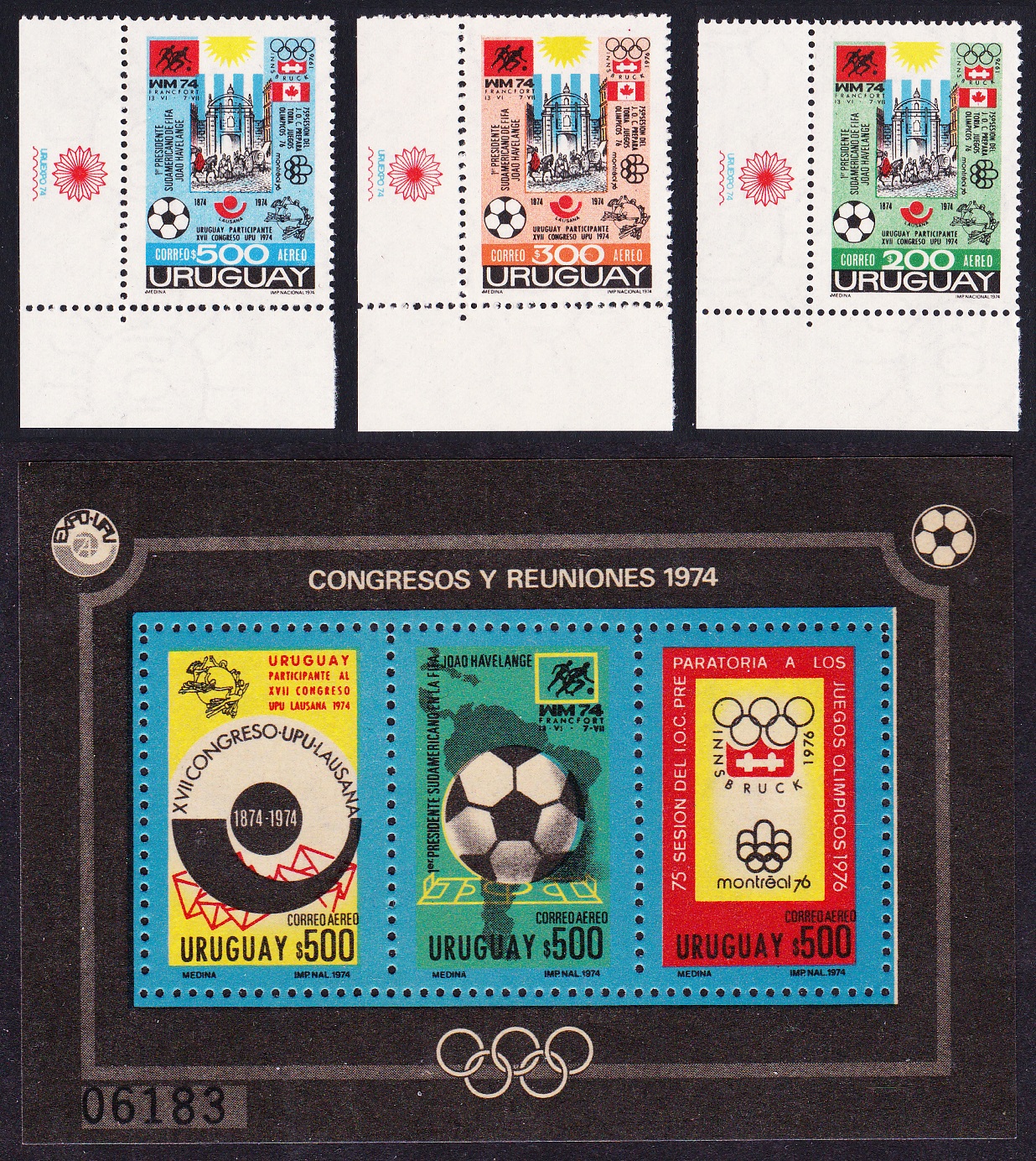 Uruguay Football World Championship Olympic Games 3v Corners +MS 1974 MNH MI#1313-1315+Block 21 Sc#C395-C398