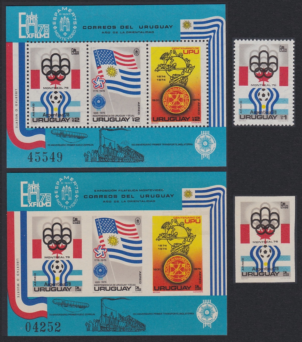 Uruguay Olympic Games Montreal and Football 1978 2v+2 MSs 1975 MNH MI#Block 28A+B Sc#C416+C418a+imp